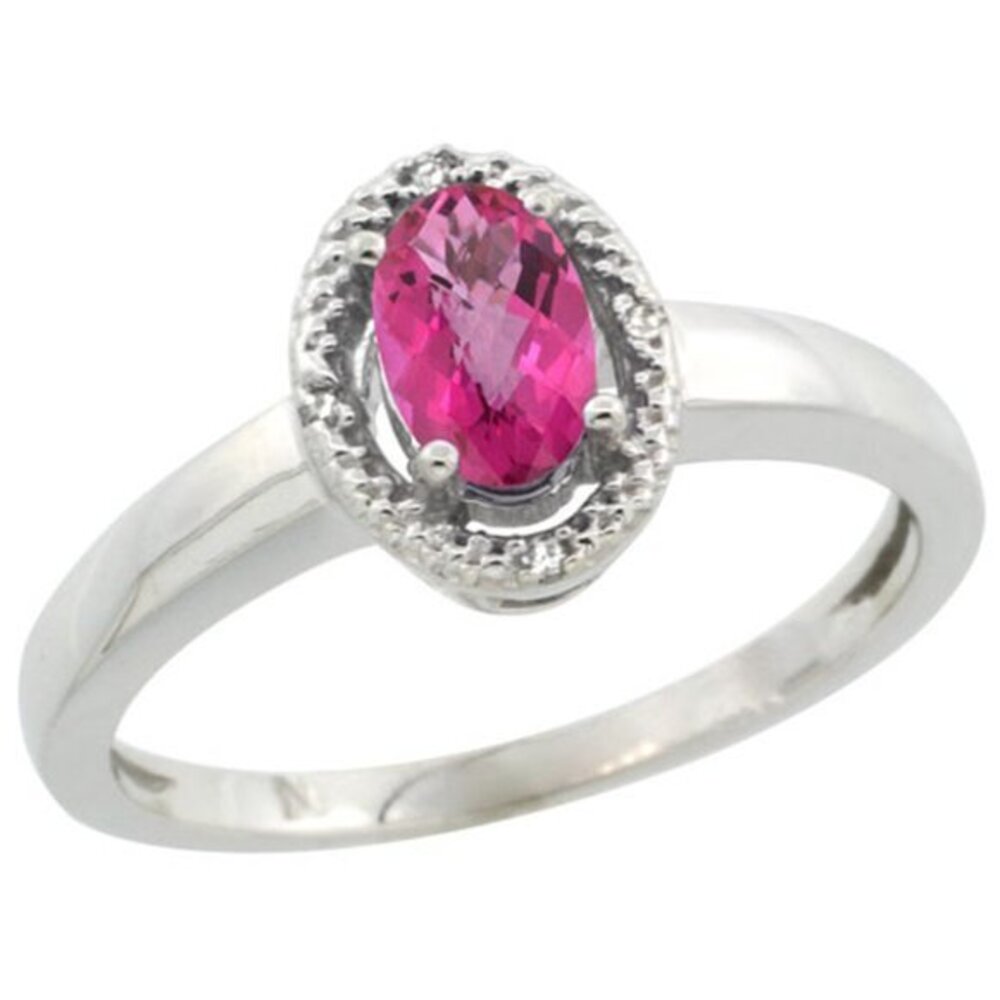 Sterling Silver Diamond Halo Natural Pink Topaz Ring Oval 6X4 mm center stone